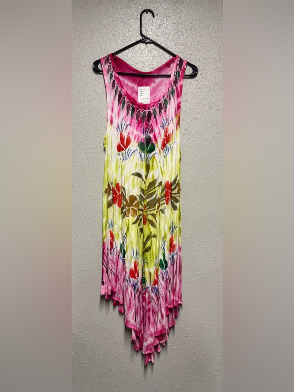 Vibrant Floral Tie-Dye Asymmetrical Tank Dress - Pink & Lime